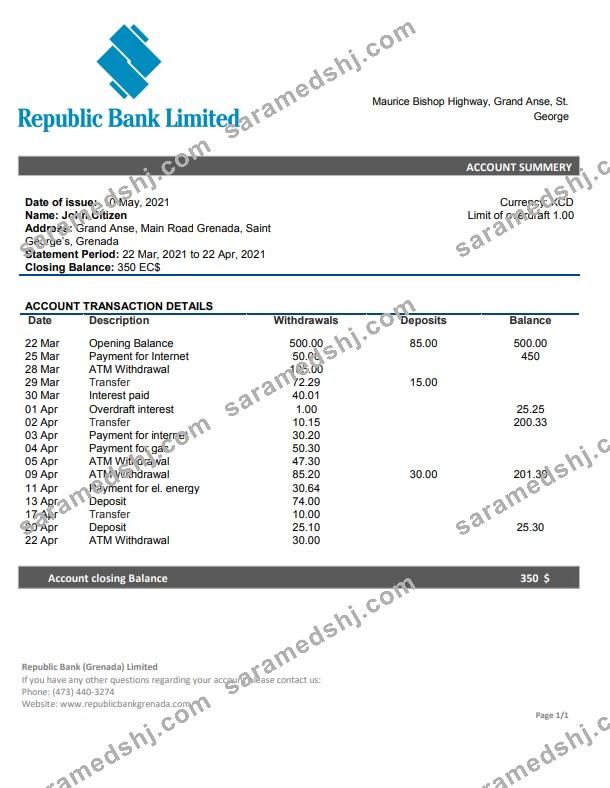 Grenada Republic bank statement template, Word and PDF format